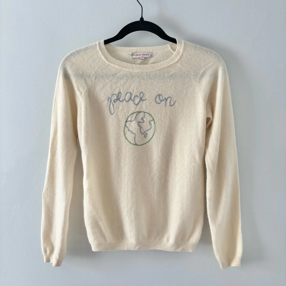 Lingua Franca Peace on Earth Kids Cashmere Crew Sweater Hand Embroidered Ivory